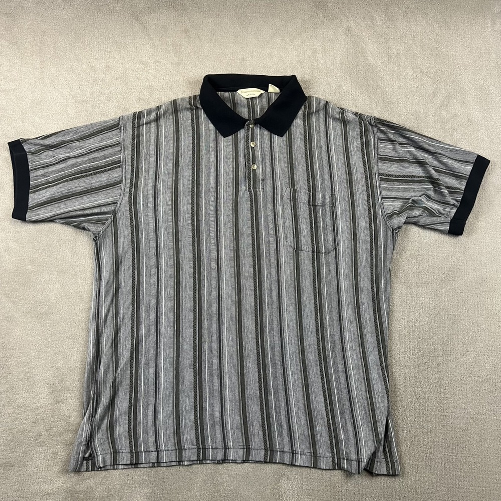 Arrow Tournament Polo Shirt Mens XL Grey Black Vertical Stripe Knit Pocket Retro